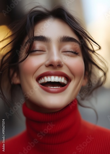Smiling young woman of mixed ethnicity in a vibrant red sweater outdoors.