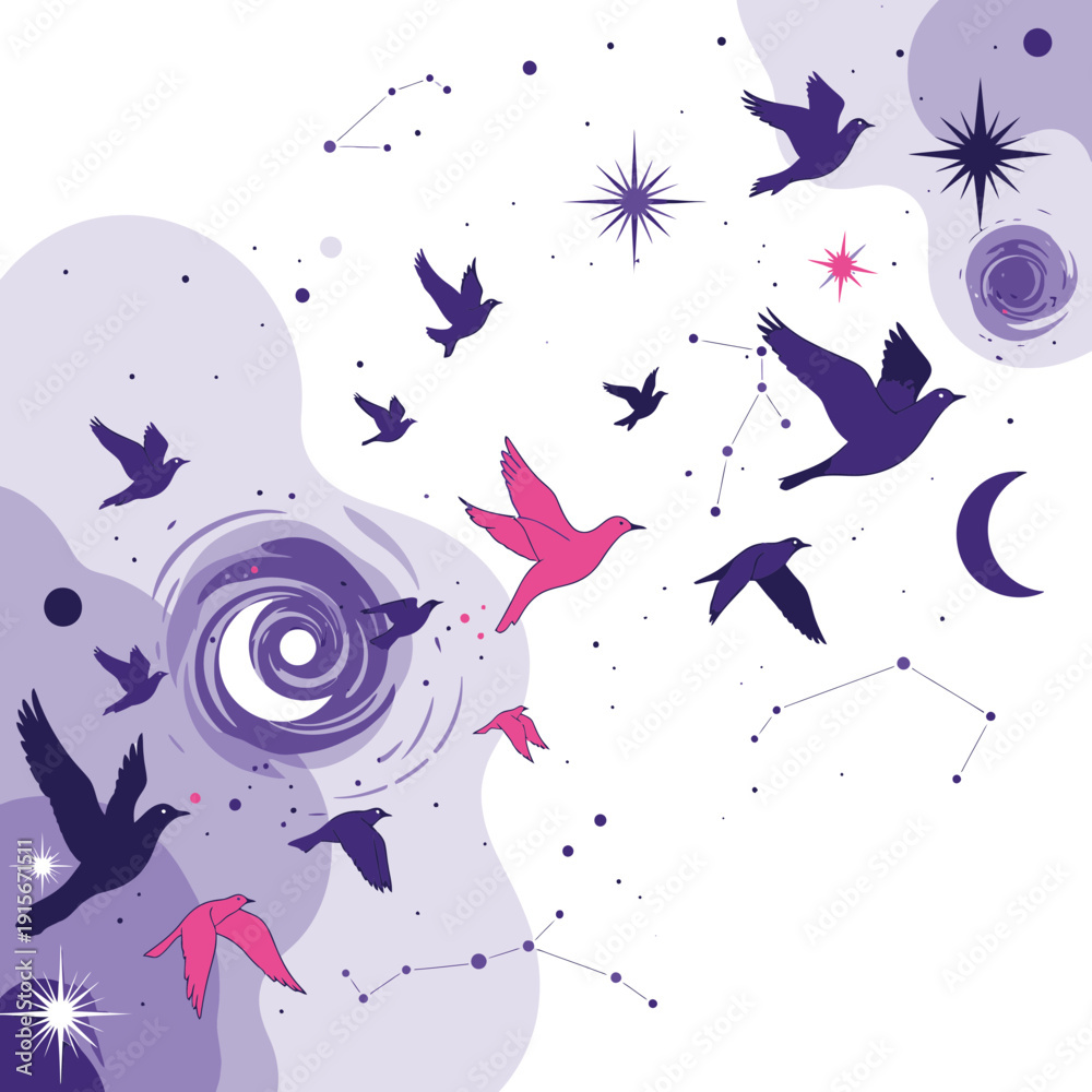 Fototapeta premium Celestial Bird Constellations With Cosmic Swirls And Stars