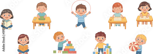 Set of cute cartoon children characters performing daily school and play activities including reading books, eating lunch, jumping rope, and playing with blocks