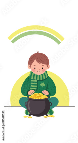 Charming Boy With Pot Of Gold And Rainbow Celebration