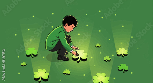 Boy Discovering Glowing Shamrocks In A Magical Green Field