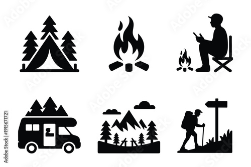 Camping and Hiking Icons in Silhouette
