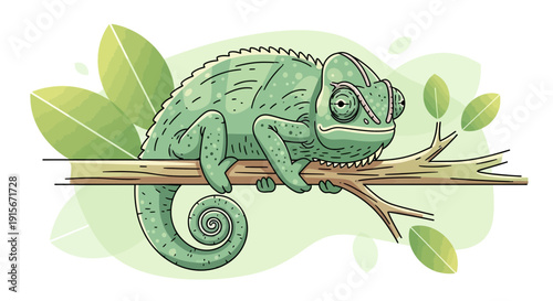 Charming Chameleon Perched on Branch with Soft Leafy Background