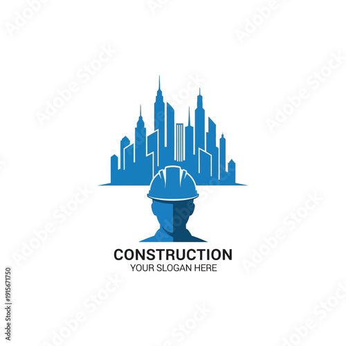 Construction company logo with cityscape and hard hat