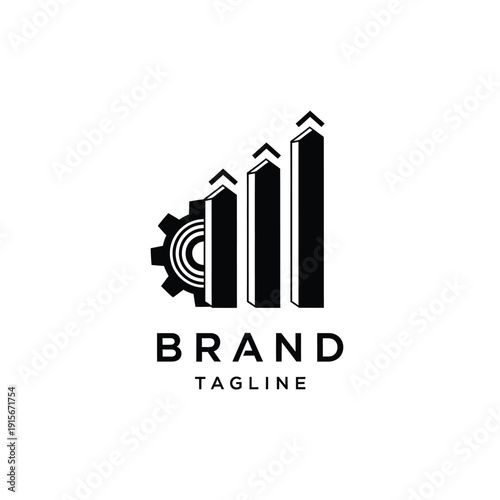 A minimalist logo design featuring a gear and bar graph with a tagline