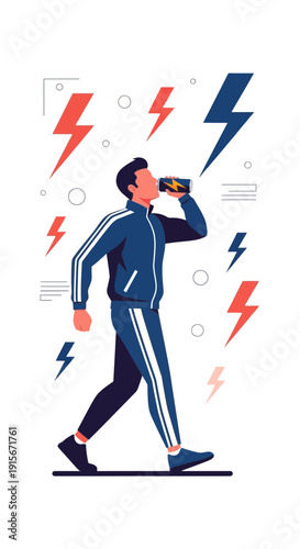 Athletic Individual Revitalizing with Energy Drink amidst Lightning Bolt Graphics