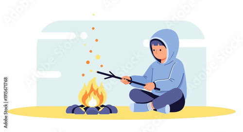 Charming Child Roasting Marshmallow by Campfire