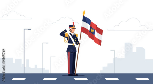 Ceremonial Military Officer Saluting With National Flag Illustration