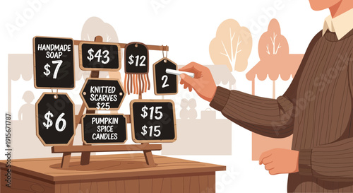 Chalkboard Display Featuring Handmade Goods And Pricing Information