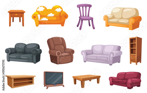 Broken Furniture Vector Set – Damaged Couches, Tables, and Shelves with Torn Sofas, Messy Interior Elements, Abandoned House Furnishings, Detailed Illustration Collection