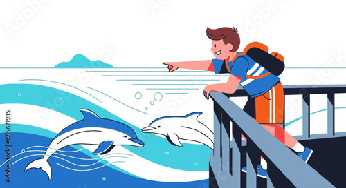 Boy Points At Dolphins While On Boat Excursion