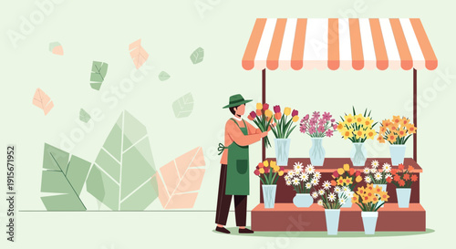 Charming Florist Arranging Bouquets At A Vibrant Outdoor Flower Stand