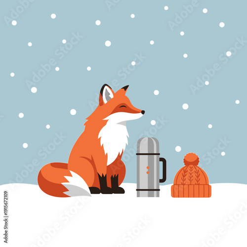Charming Fox Enjoys Snowy Winter Day With Thermos and Warm Hat