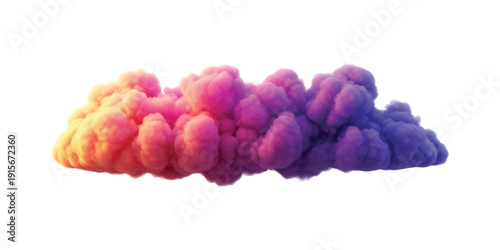 A vibrant, fluffy cloud of smoke displaying a beautiful color gradient from warm orange to cool purple on a clean white background.