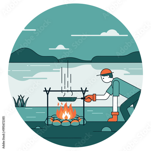 Camping Culinary Experience: A Serene Lakeside Cookout Illustration with Adventurous Vibe