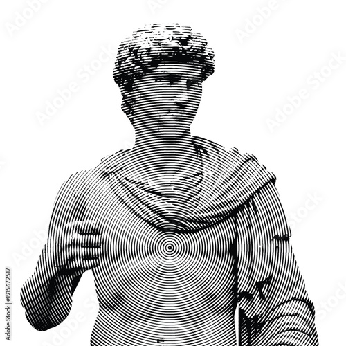 Abstract circular halftone illustration of a classical Roman statue bust.