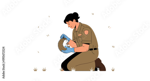 Caring Conservationist Gentle Holds Adorable Hedgehog on Isolated White Background