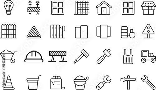 Construction and home improvement icon set, line art vector collection of tools, safety signs, buildings, renovation equipment, design elements symbols