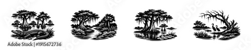 Swamp scene flat vector icons set: bayou wildlife, alligator, heron silhouettes collection