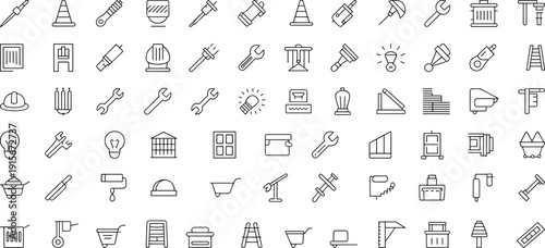 Construction tool icon set, outline hardware symbols, repair maintenance and safety icons, DIY building equipment vector pack, minimal line illustrations