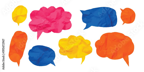 A collection of vibrant, textured speech and thought bubbles isolated on a white background