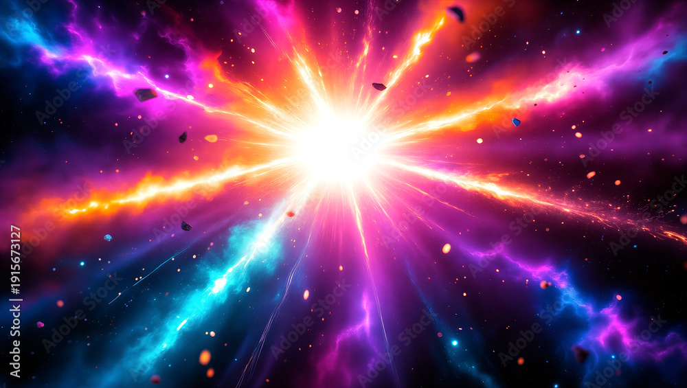 Fototapeta premium Vibrant cosmic explosion with colorful space energy and bright light rays