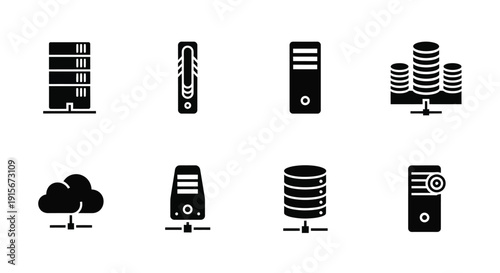 Black server icons and cloud computing symbols on a white background