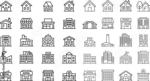 House and building icons set, residential and commercial outlines, urban architecture vector pack, real estate line art collection, modern scalable