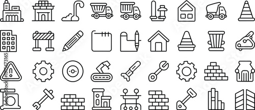 Line art construction and architecture icon set showing buildings, tools, vehicles, safety symbols, bricks, gears, and home renovation symbols collection
