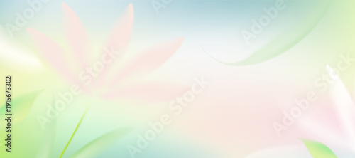 Pastel floral background with soft pink petals,green leaves,Blurry spring blossom,gradient light,Vector illustration banner elegant nature wallpaper for beauty branding,Mothers day card,Womans day