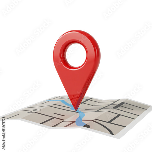 Red Location Pin on Map with Blue Route in 3D Rendering for Navigation