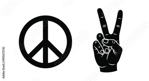 Black and white icons depicting peace and a victory hand gesture
