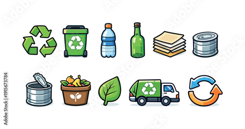 Recycling and waste management icon set. Eco-friendly outline icons collection