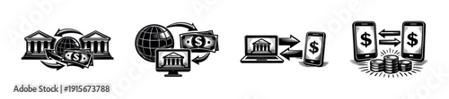 Banking and finance flat vector icons set: digital payment, online transactions, money exchange