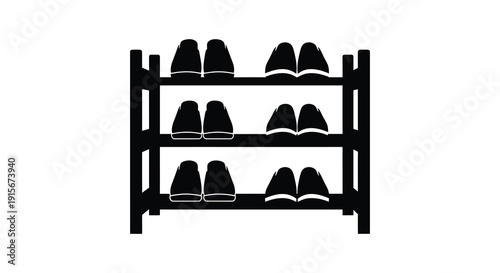 A simple black and white illustration depicts a three tiered shoe rack holding several pairs of shoes high quality