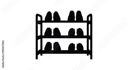 A simple black and white line drawing depicts a three tiered shoe rack with several pairs of shoes