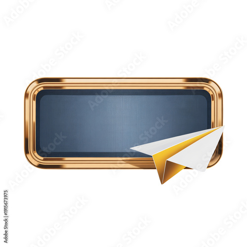 Paper Plane on Gold Framed Blue Sign in Modern Minimalistic Style with Soft Natural Lighting for Business