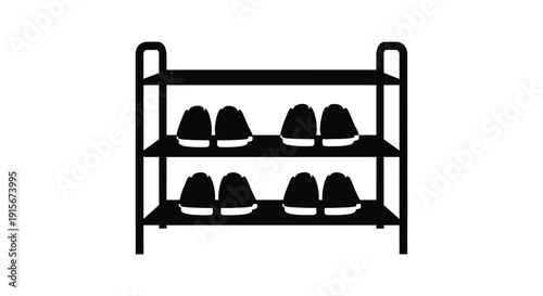 A simple black and white icon depicts a three tiered shoe rack holding several pairs of sneakers high quality