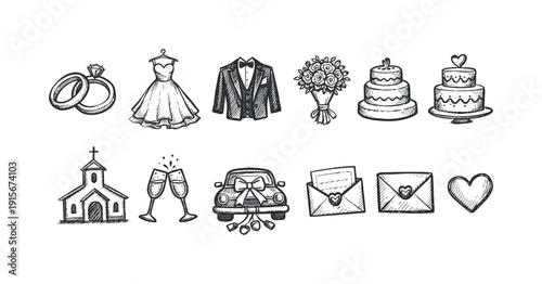 Wedding, celebration silhouette icon set. Ceremony, party, love symbols collection.