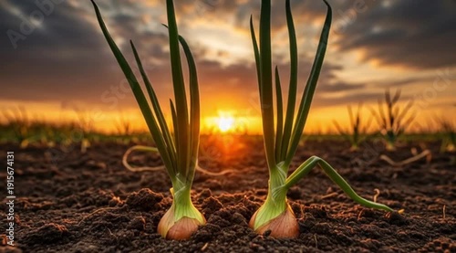 Image is a high-resolution photograph capturing a close-up view of two onions planted in rich, dark soil. The onions are positioned in the foreground, with their green shoots reaching upwards, contras