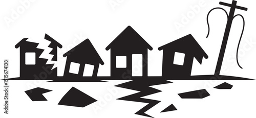 Earthquake disaster silhouette with ground cracks and leaning houses near fallen power line