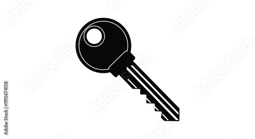 A simple black and white illustration depicts a single classic key with a circular head and jagged blade high quality