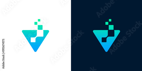 Modern digital data technology logo featuring an abstract inverted gradient triangle and upward-moving pixel elements, representing innovation, progress, and interconnectedness