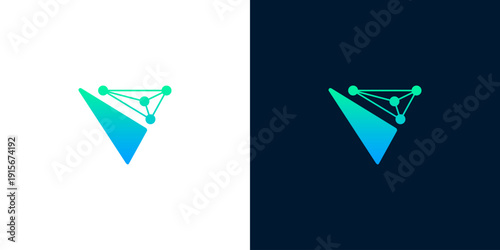 Abstract V letter logo design featuring modern interconnected network dots, symbolizing digital technology, data connection, and innovative communication for a future-oriented brand identity