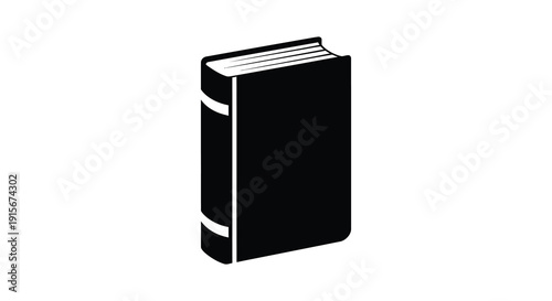 A minimalist black silhouette depicts a closed hardcover book with visible spine details isolated on white high quality