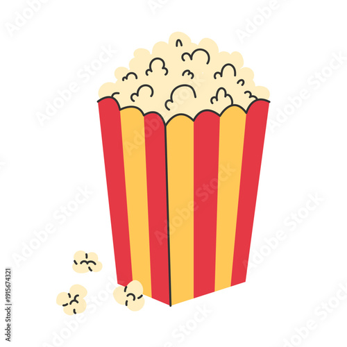 Classic movie theater popcorn bucket, red and yellow striped cinema snack isolated on white