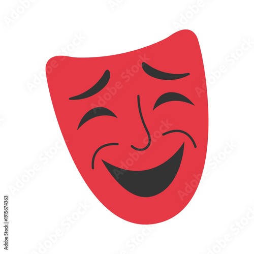 Comedy theater mask icon in red. Happy drama face symbol for stage show, cinema and festival design
