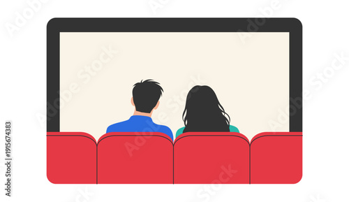 Couple watching movie in cinema from back view. Red theater seats and big screen scene