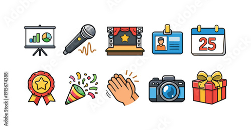 Event, celebration filled icon set. Party, conference, gift icons collection.