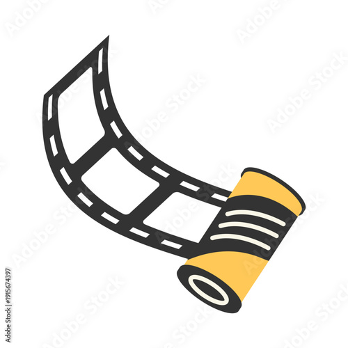 Film strip with roll icon. Curved movie reel and negative strip symbol for cinema and video editing